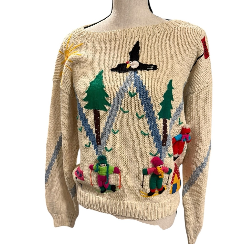 Vintage cotton 3D handmade knit Cream Sweater ski Christmas winter grannycore